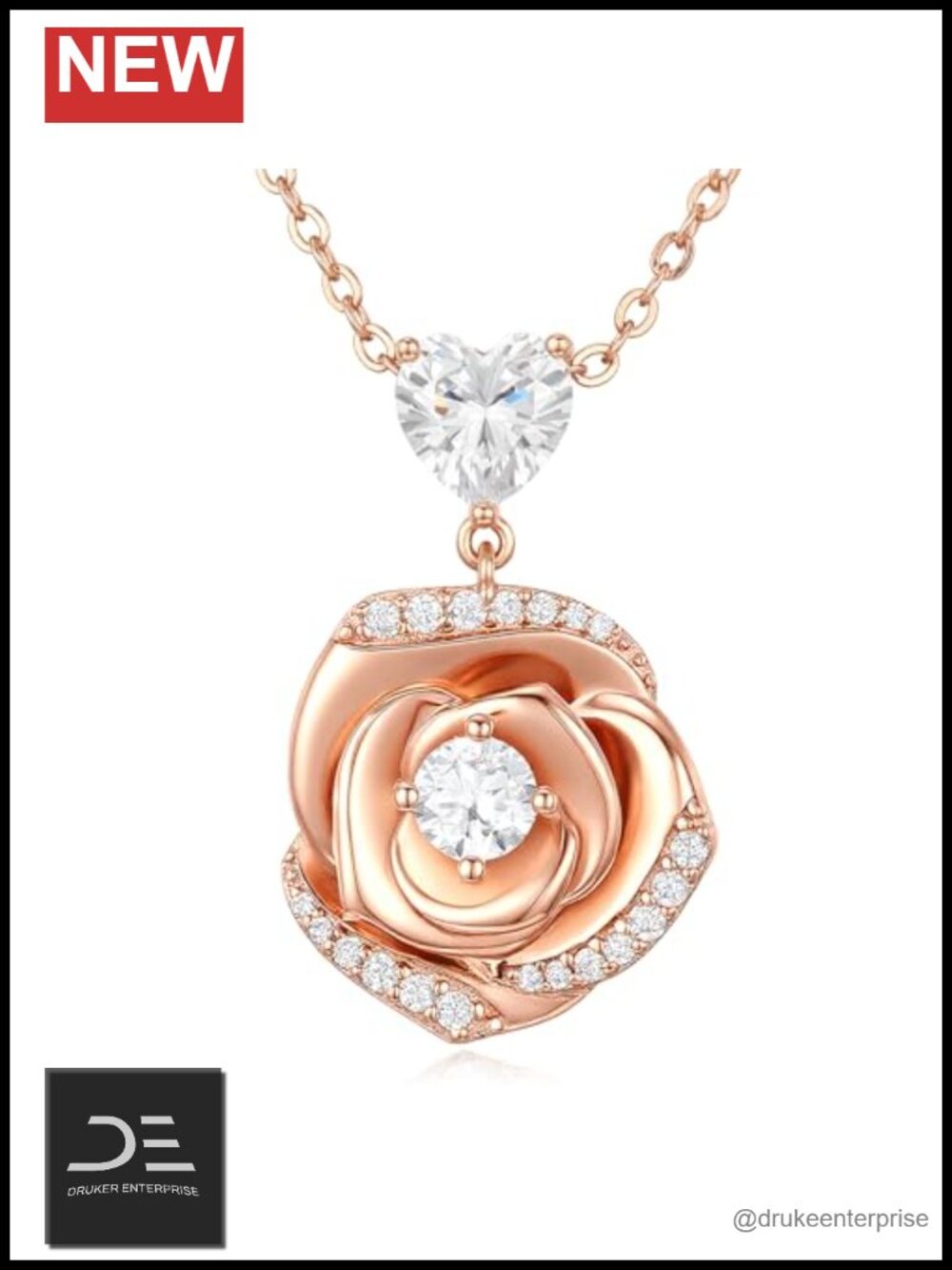 18K Gold Plated Over Sterling Silver Rose Pendant Necklace CZ